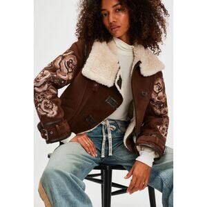 Free People NWT We The Free Andies Embroidered Vegan Leather Moto Jacket Size L